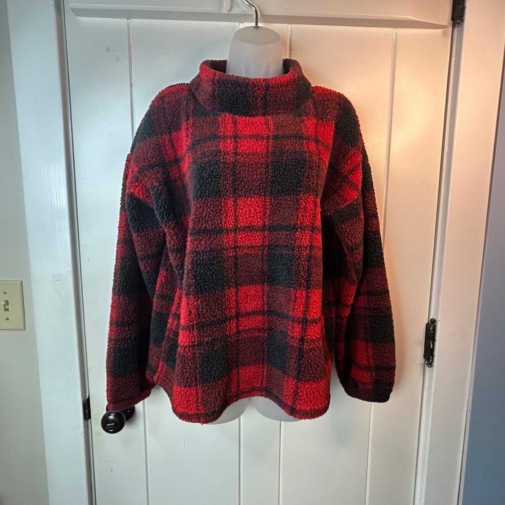 Maurices Pullover Cowl Neck Sweater Red Black Buffalo Plaid Long Sleeve Large